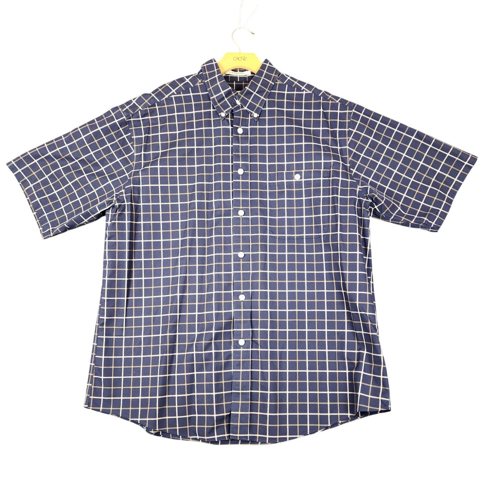 Orvis Mens XL Short Sleeve Button Down Shirt Blue Tan Windowpane Check Cotton